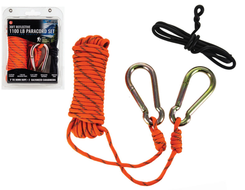 6Pc/30' Orange Reflective 1100 Lbs Paracord - Tie Down Ropes - Galvanized Carabiners Set