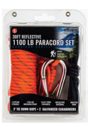 6Pc/30' Orange Reflective 1100 Lbs Paracord - Tie Down Ropes - Galvanized Carabiners Set