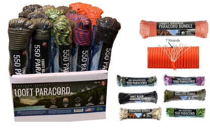 24-piece display of 100' /5/32" 7 Strand Assorted Color Paracords,550 LBS Pull Strength