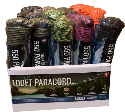 24-piece display of 100' /5/32" 7 Strand Assorted Color Paracords,550 LBS Pull Strength