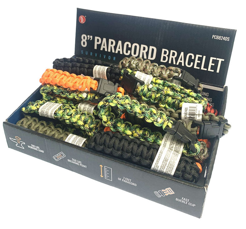 36-Piece Display of 8" Paracord Bracelet in Assorted Colors, Breaking Point: 550 Lbs