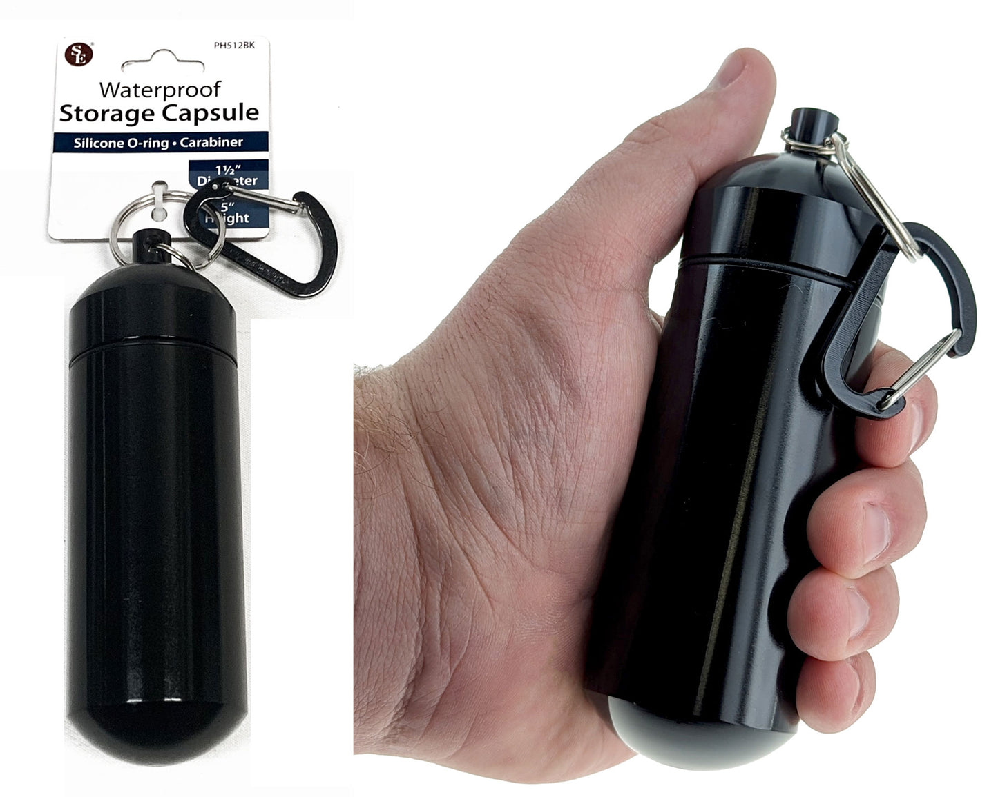 5" Waterproof Black Jumbo Aluminum Container /Capsule with Carabiner (5" L X 1.1/2" D)