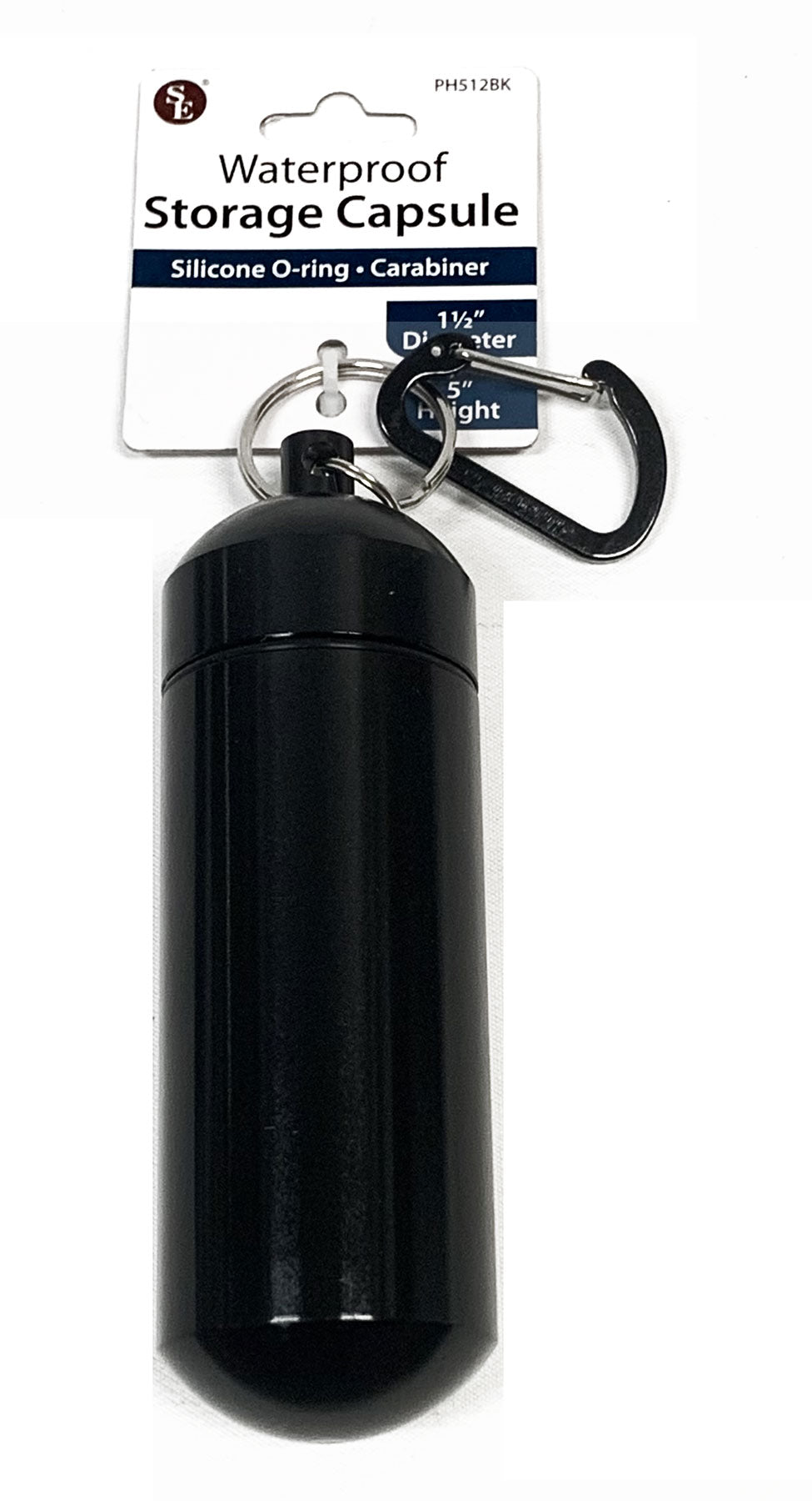 5" Waterproof Black Jumbo Aluminum Container /Capsule with Carabiner (5" L X 1.1/2" D)