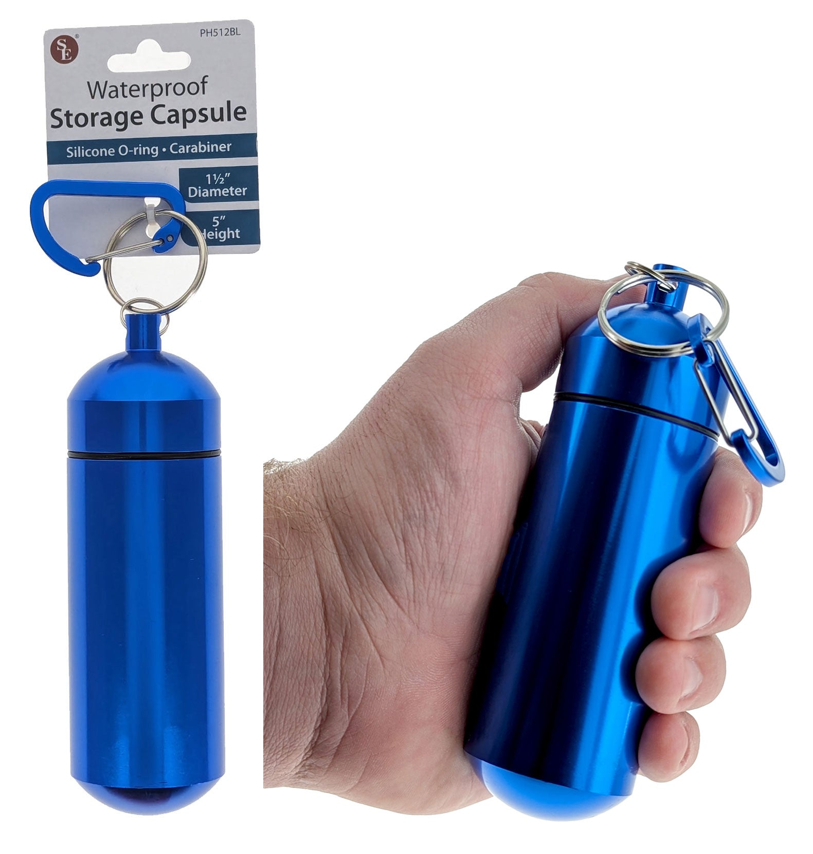 5" Waterproof Black Jumbo Aluminum Container /Capsule with Carabiner (5" L X 1.1/2" D)