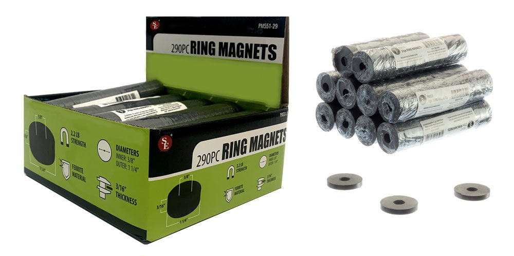 290-piece display of 1.1/4"/2.2LBS Ferrite Ring Magnets, Hole Size 3/8", Thickness 3/16"