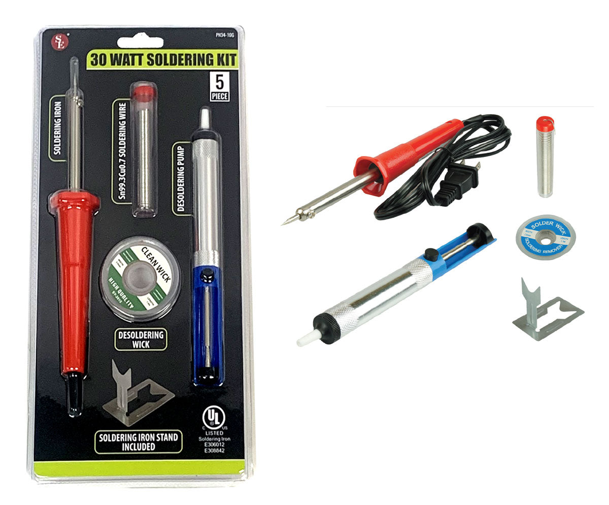 5 Pc Soldering Iron Set,30W ,UL Approved,10G Solder Lead Free, Desoldering Wick, Desoldering Pump, Stand Included