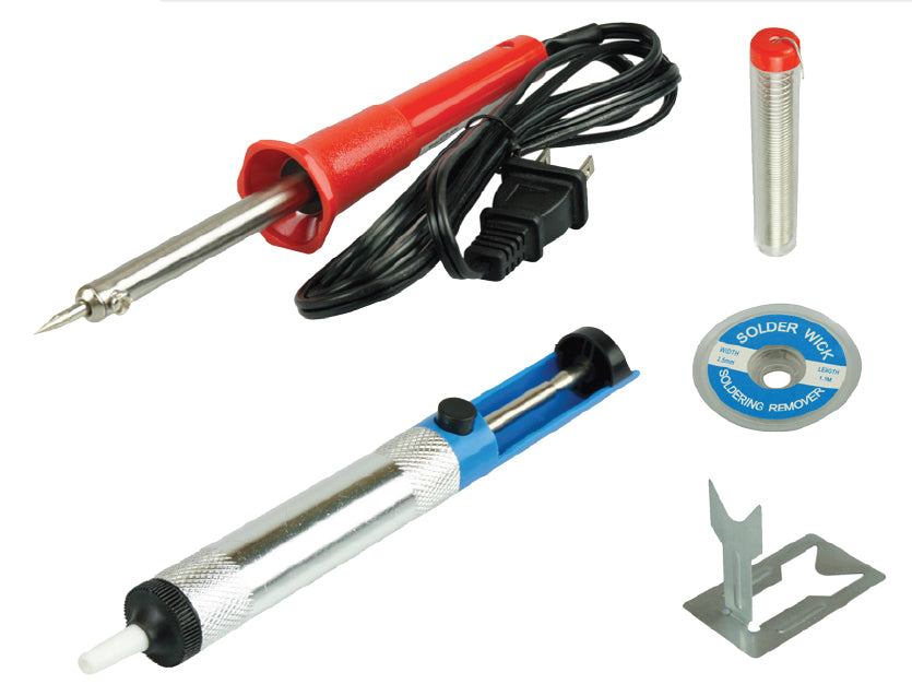 5 Pc Soldering Iron Set,30W ,UL Approved,10G Solder Lead Free, Desoldering Wick, Desoldering Pump, Stand Included