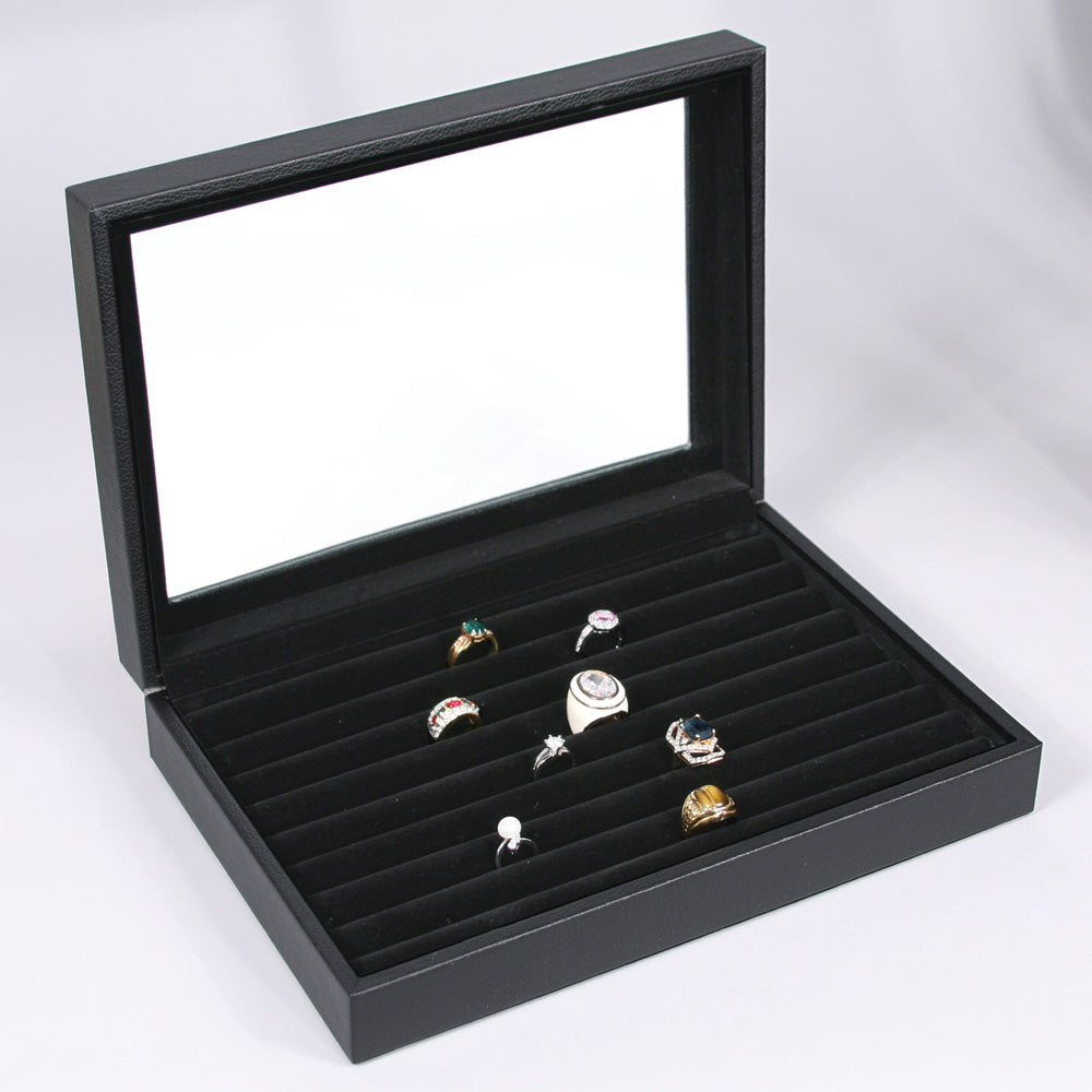 Glass Top Ring/Cufflink Case — Soft Black Faux Leather w/ Black Velvet Lining