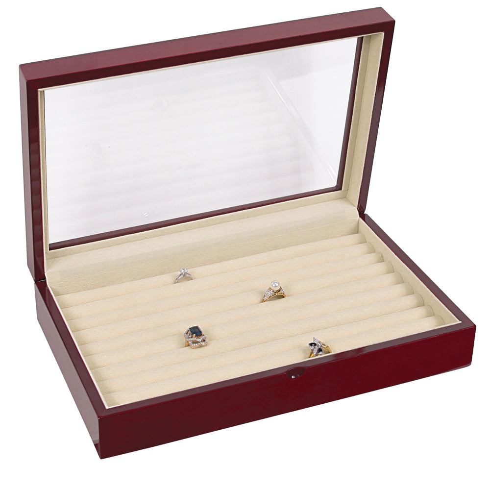 Glass Top Rosewood Ring/Cufflink Case — Glossy Rosewood w/ Beige Suede Lining