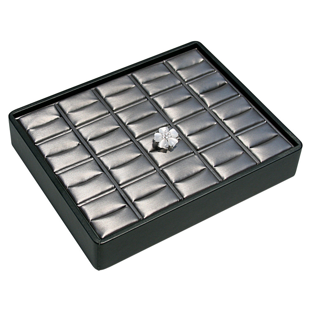 Small Stackable Trays — Ring (20-Slot) — Steel Grey Faux Leather w/ Black Faux Leather Tray