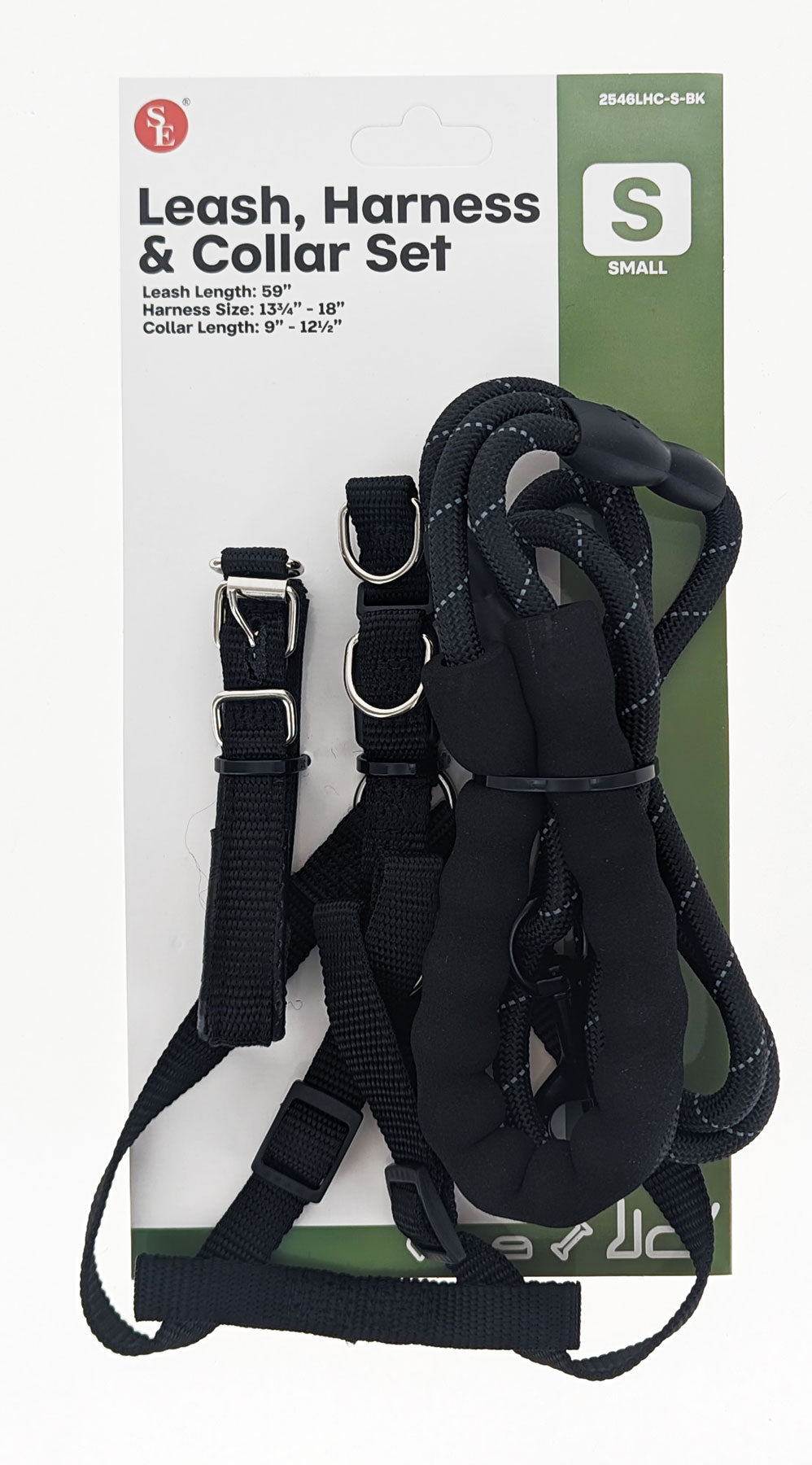 3Pc Small Dog Black Leash,Harness & Collar Set