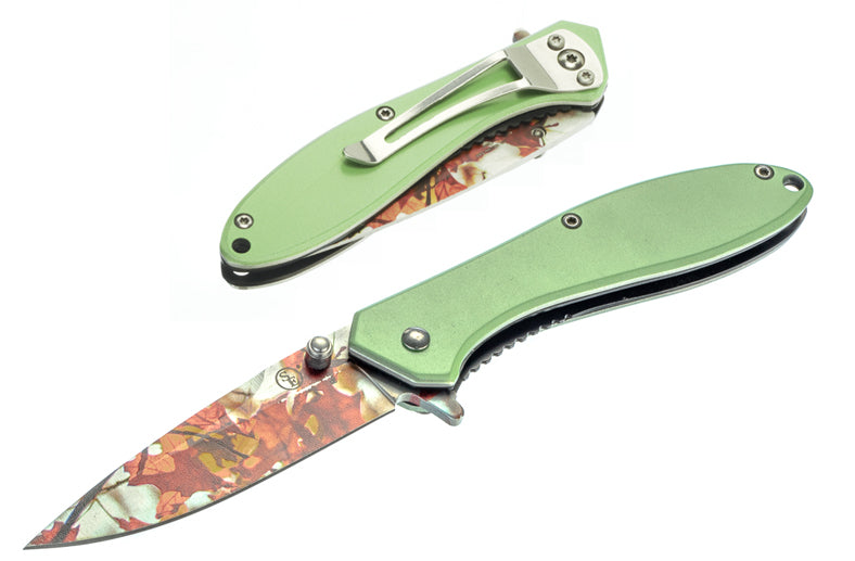 3" Spring Assisted Pocket Knife With Clip, Iridescent Green Handle With Red Foliage Design Pocket Knife