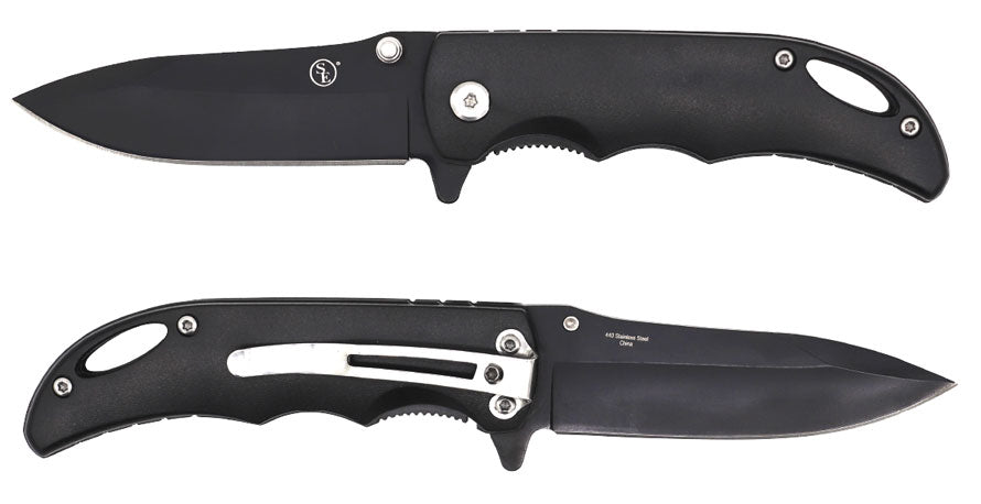 3" Blade Spring Assisted Drop Point Plain Black Blade Pocket Knife With Pocket Clip