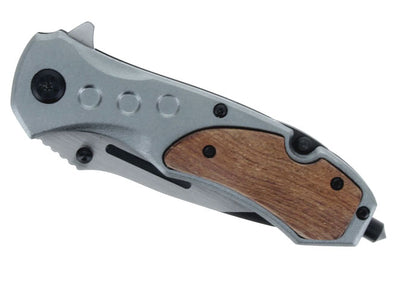 4.5" Spring Assisted Matt with Wood Insert Handle Pocket Knife, Clip & Window Breaker