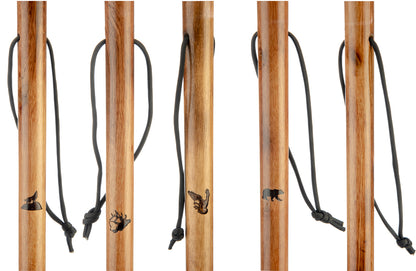 24-Piece set of 55" Hiking Sticks with Burnt Animal and Plain Assorted designs, Rubber Cover, Iron Tip, Paracord Hand Strap