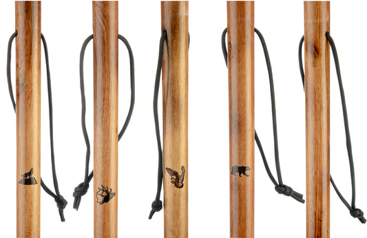 24-Piece set of 55" Hiking Sticks with Burnt Animal and Plain Assorted designs, Rubber Cover, Iron Tip, Paracord Hand Strap