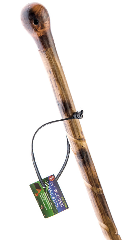 55" Natural Wood Walking Stick with Hand-Carved Spiral Design and Knob Top, Metal Tip for Better Traction