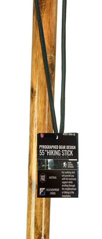 55" Round Head - Rope Wrapped - Pine Wood Hiking Stick, Metal Reinforced Rubber Tip