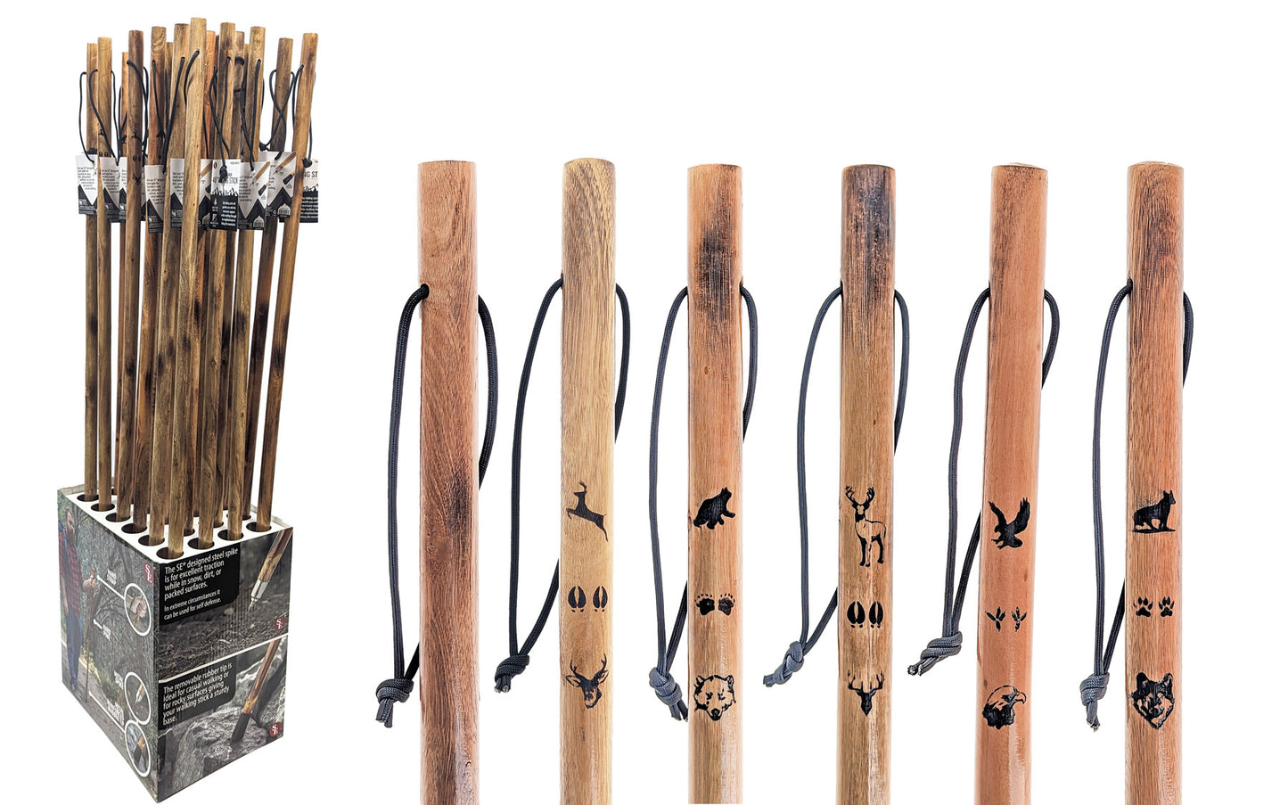 24-piece set of 48" Assorted Animal Stamped Wooden Hiking Sticks, No Stand Included