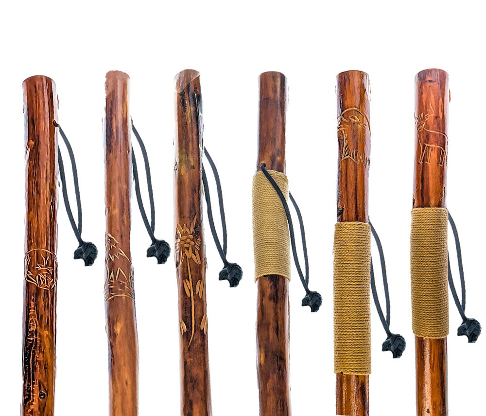 24-piece set of 55" Assorted Wooden Walking/Hiking Sticks with Hand-Carved Assorted Designs and Rope-Wrapped Grips