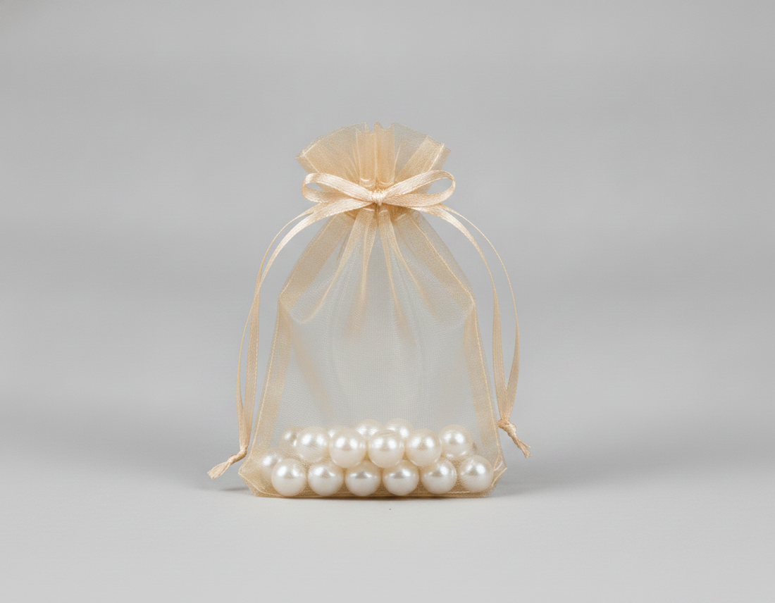 Sheer Organza Drawstring Pouch — Sheer Beige — 5 x 6 in