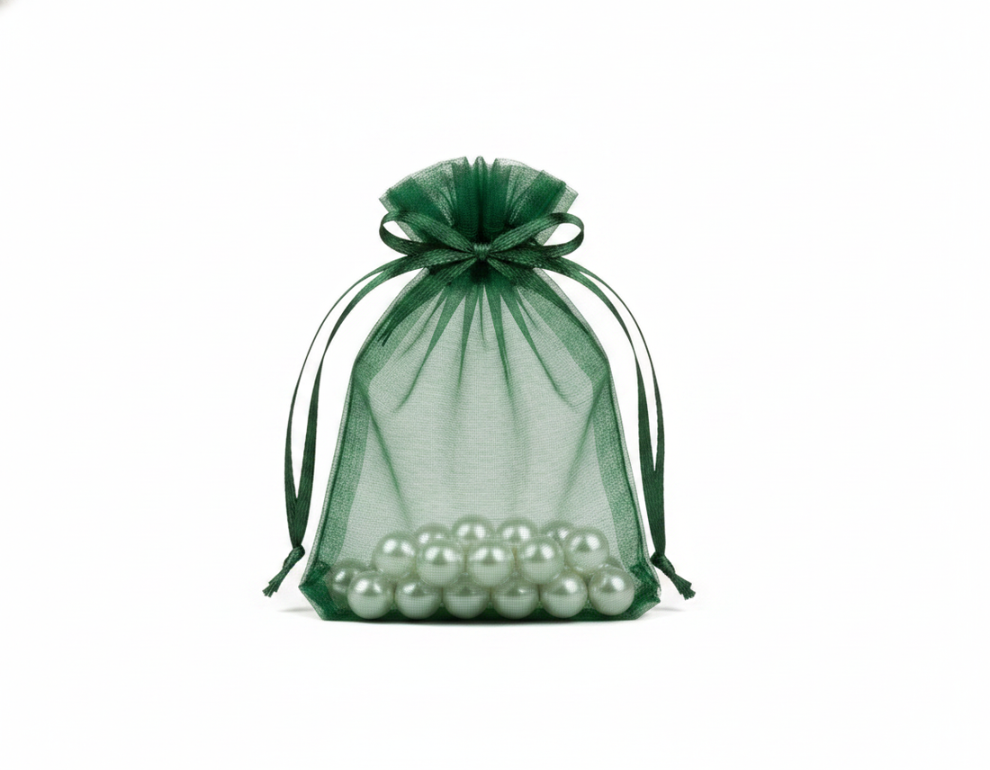 Sheer Organza Drawstring Pouch — Sheer Dark Green — 2.75 x 3 in