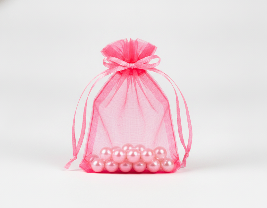 Sheer Organza Drawstring Pouch — Sheer Neon Pink — 5 x 6 in