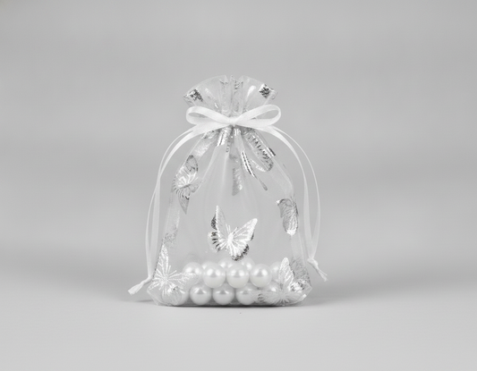 Sheer Organza Drawstring Pouch — Sheer Pouch w/ Foil Butterfly (Series 1261) — 1.75 x 2 in