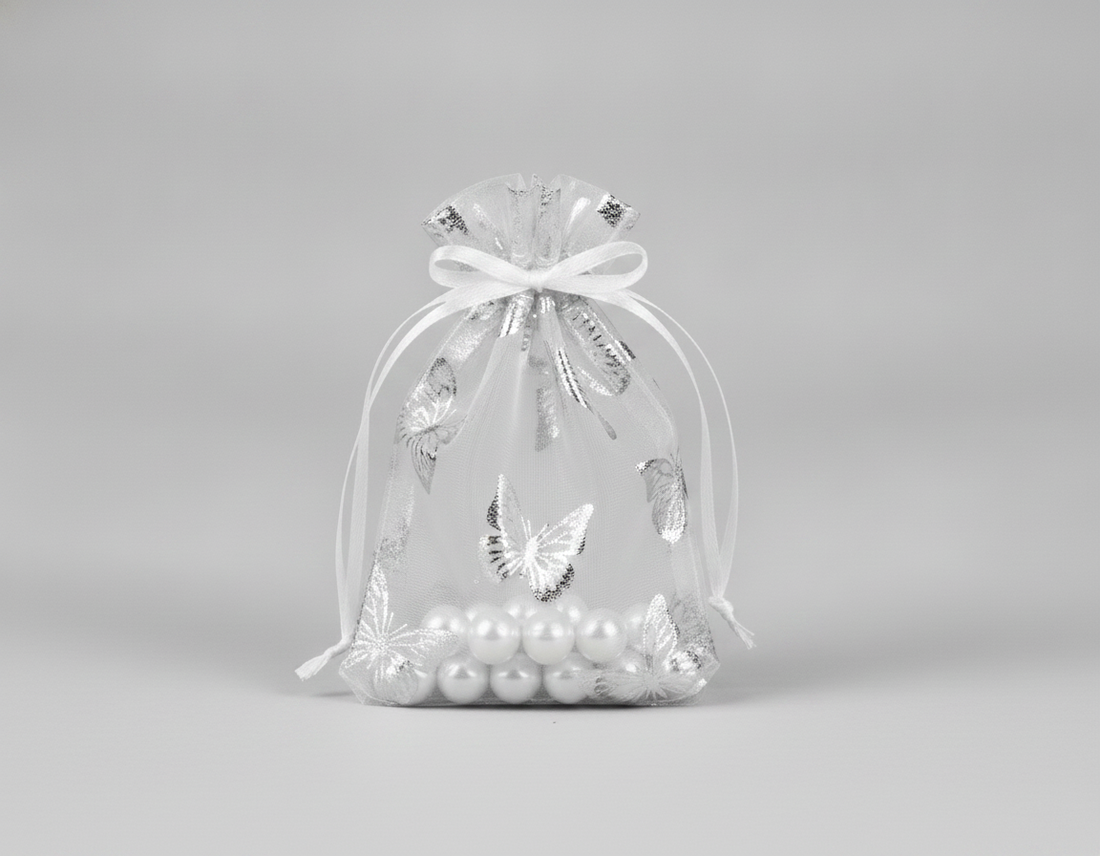 Sheer Organza Drawstring Pouch — Sheer Pouch w/ Foil Butterfly (Series 1261) — 2.75 x 3 in