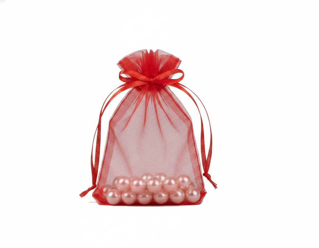 Sheer Organza Drawstring Pouch — Sheer Red — 2.75 x 3 in
