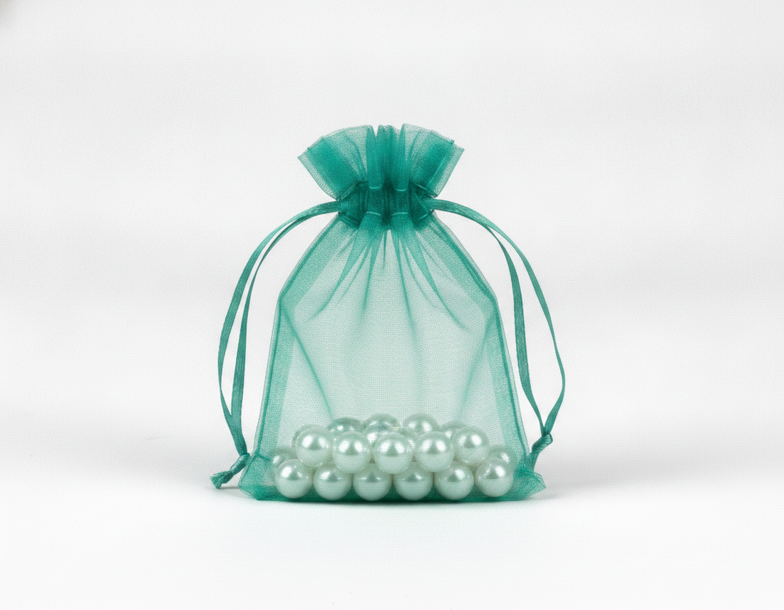 Sheer Organza Drawstring Pouch — Sheer Teal Green — 4 x 5 in