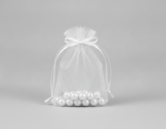 Sheer Organza Drawstring Pouch — Sheer White — 5 x 6 in