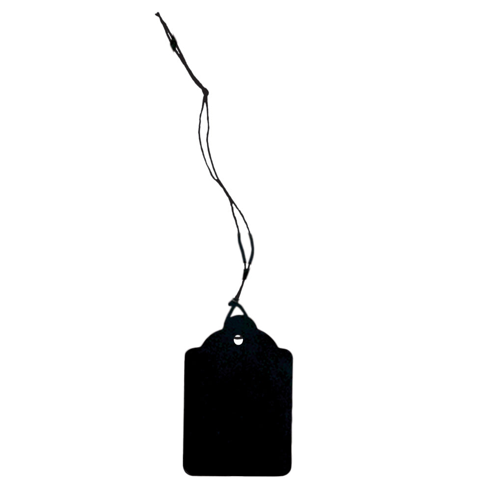 Strung / Unstrung Tags — Scallop Top #2 — 3/4″ x 1 1/8″ — With String — Black Plastic