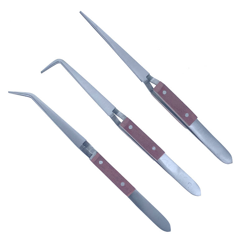 3-Piece Professional Quality 6.5" Fiber Grip Tweezer Set (Straight, Curved & 90 Degree)