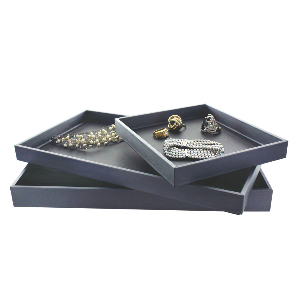 Steel Grey Faux Leather Trays — C. 14 3/4 x 8 1/4 x 1 1/2" (37.5 x 21 x 4cm) — Steel Grey