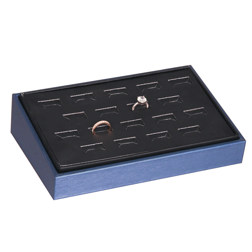 2″ H Angled Display Trays — Ring (18-Slot) — Black Faux Leather w/ Steel Blue Tray