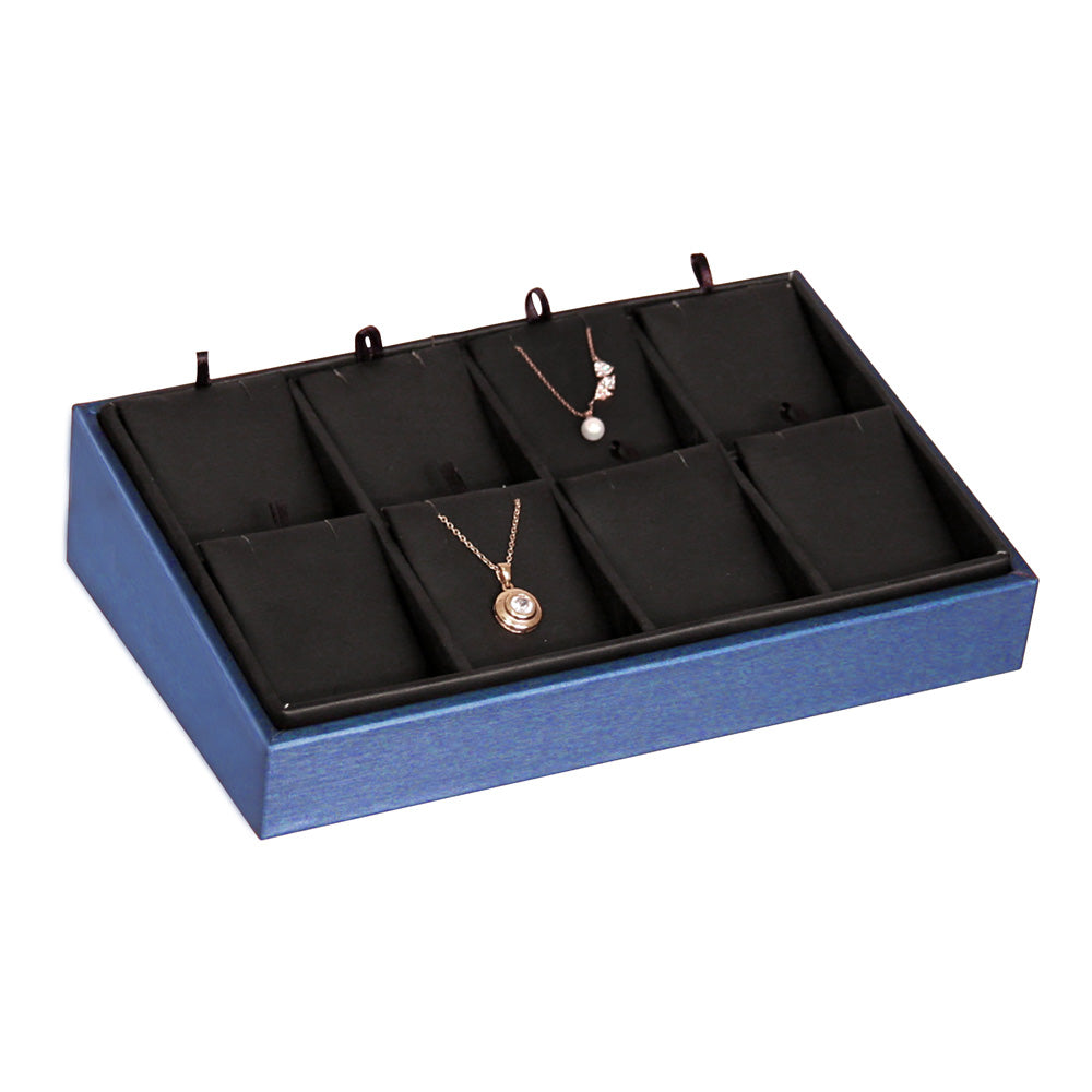 2″ H Angled Display Trays — Pendant/Earring Pad (8) — Black Faux Leather w/ Steel Blue Tray