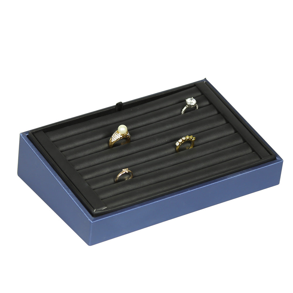 2″ H Angled Display Trays — Earring Pad (8 Pr.) — Black Faux Leather w/ Steel Blue Tray