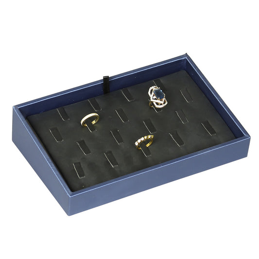 2″ H Angled Display Trays — Ring (18-Clip) — Black Faux Leather w/ Steel Blue Tray