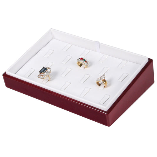 2″ H Angled Display Trays — Pendant/Earring Pad (8) — White Faux Leather w/ Glossy Rosewood Tray