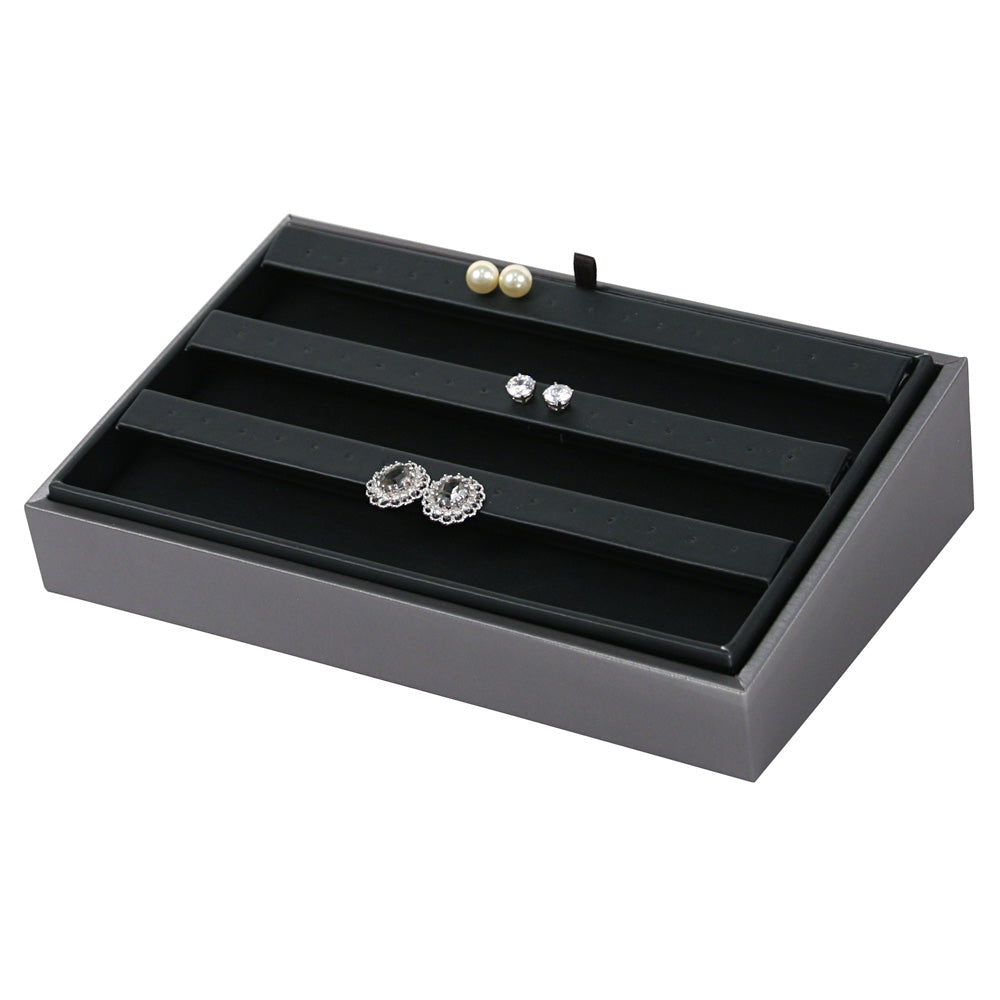 2″ H Angled Display Trays — Earring (24 Pr.) — Black Faux Leather w/ Steel Grey Tray