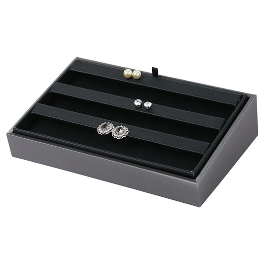 2″ H Angled Display Trays — Earring (24 Pr.) — Black Faux Leather w/ Steel Grey Tray