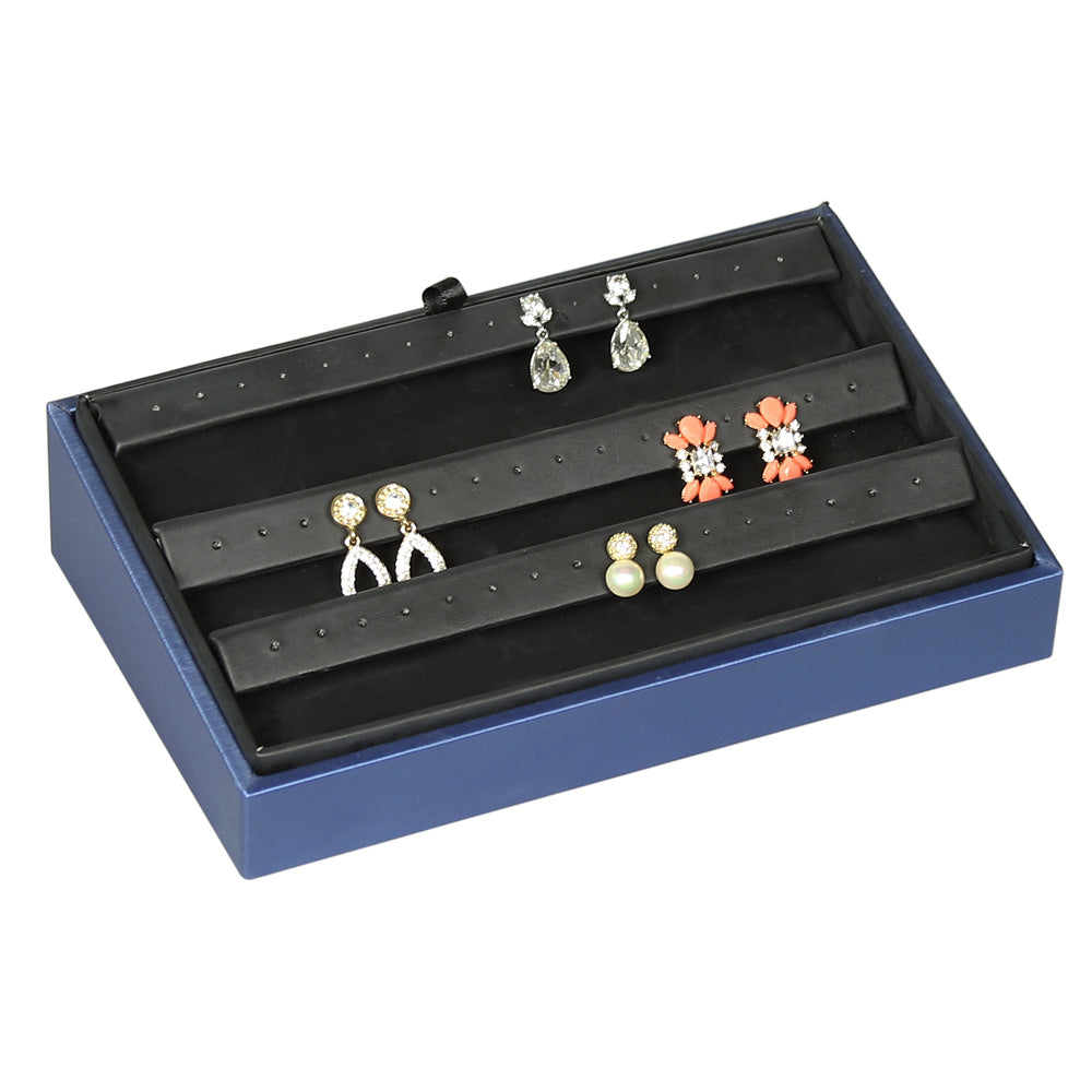 2″ H Angled Display Trays — Earring (24 Pr.) — Black Faux Leather w/ Steel Blue Tray