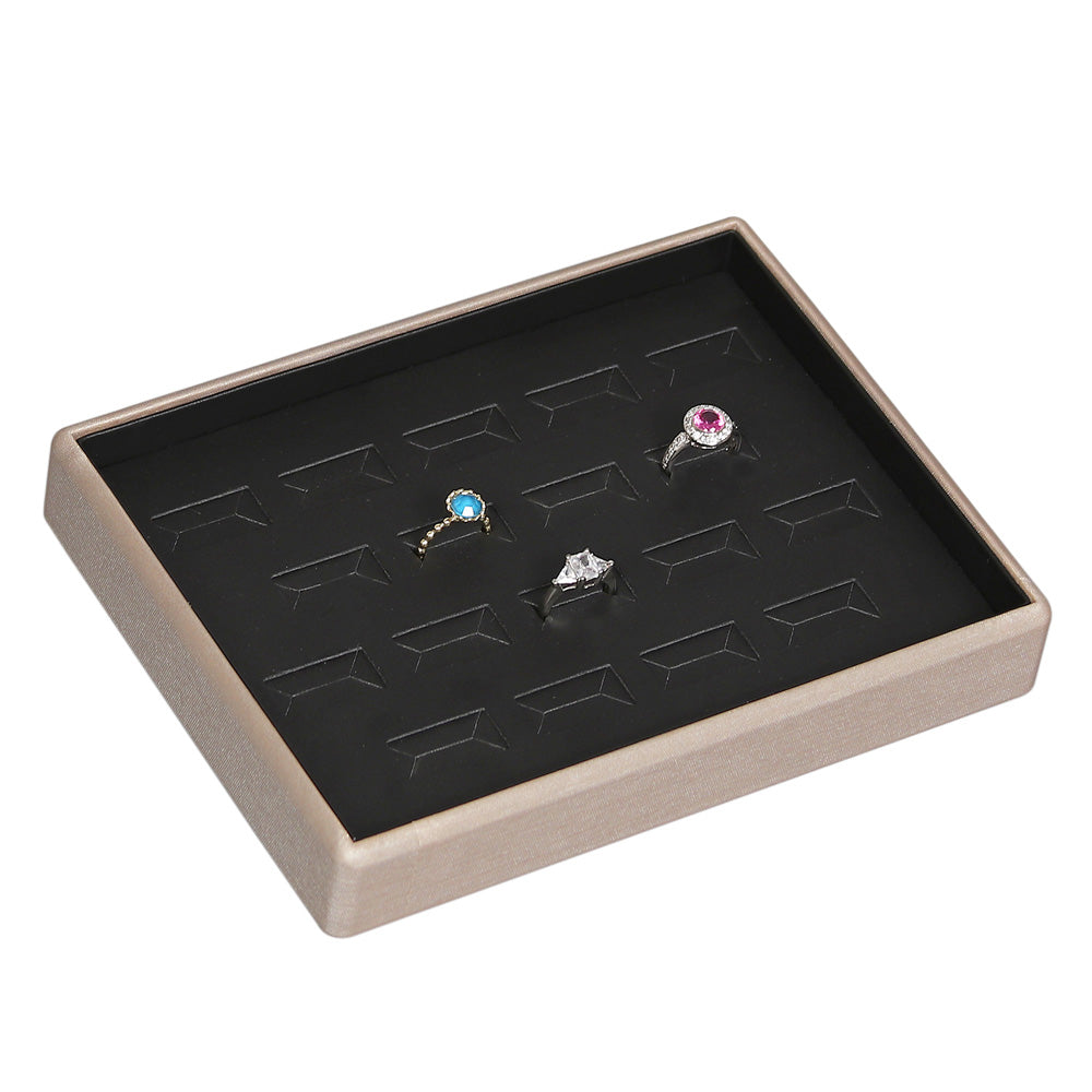 Durable Lightweight Stacking Trays — Ring (18-Slot) — Black Faux Leather w/ Luna Gold Trim