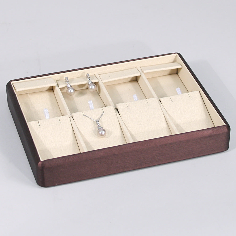 Durable Lightweight Stacking Trays — Earring/Pendant Pad (4-Pad) — Deluxe Beige Faux Leather w/ Steel Brown Trim