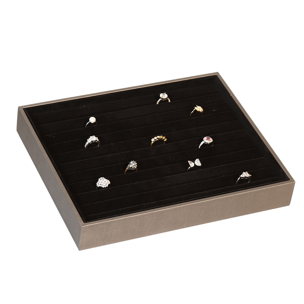 Showcase Tray with Cover — Continuous Ring Slot (10) — Glacier Grey Faux Leather w/ Black Insert
