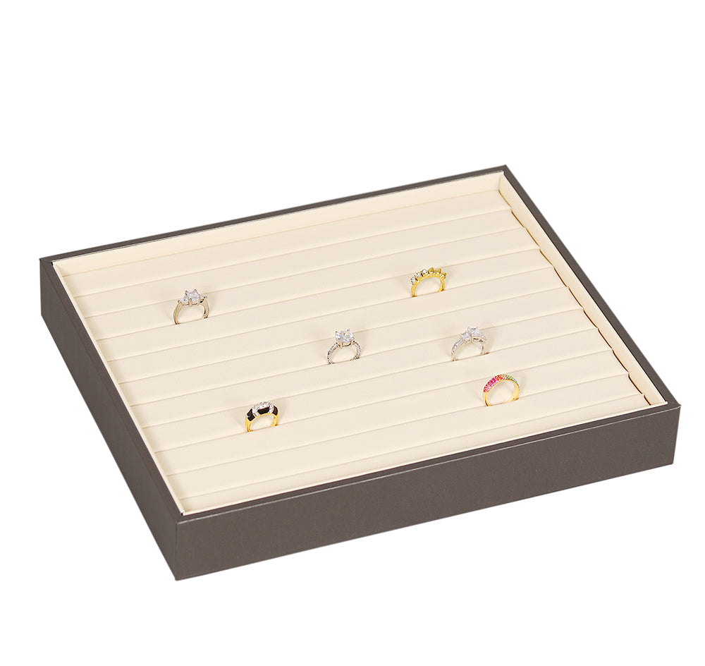 Showcase Tray with Cover — Continuous Ring Slot (10) — Glacier Grey Faux Leather w/ Beige Insert