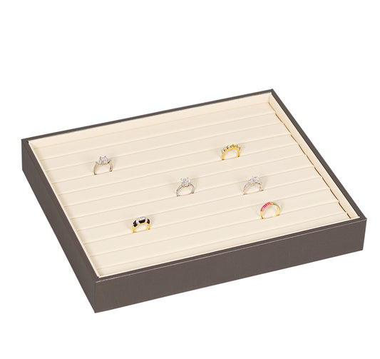 Showcase Tray with Cover — Continuous Ring Slot (10) — Glacier Grey Faux Leather w/ Beige Insert