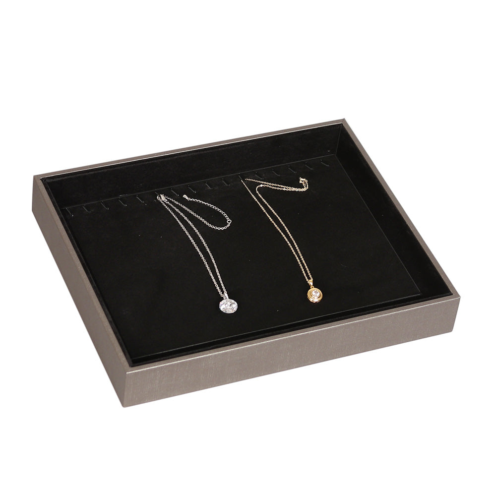 Showcase Tray with Cover — Necklace (16) — Glacier Grey Faux Leather w/ Black Insert