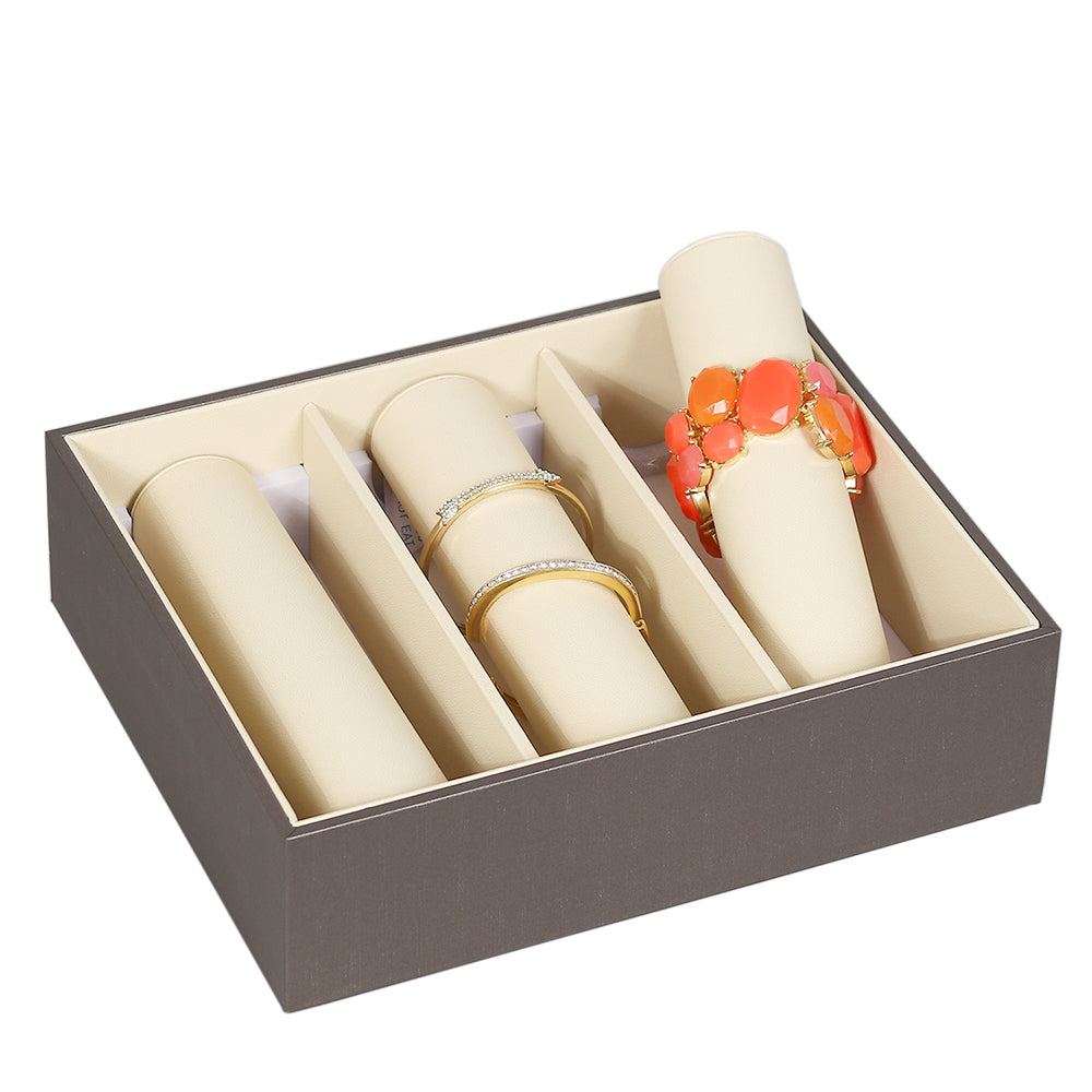 Showcase Tray with Cover — Bracelet Tube (3) — Glacier Grey Faux Leather w/ Beige Insert